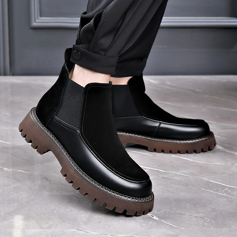 

British style men's casual party banquet dress chelsea boots cow suede leather shoes cowboy autumn winter boot platform botas