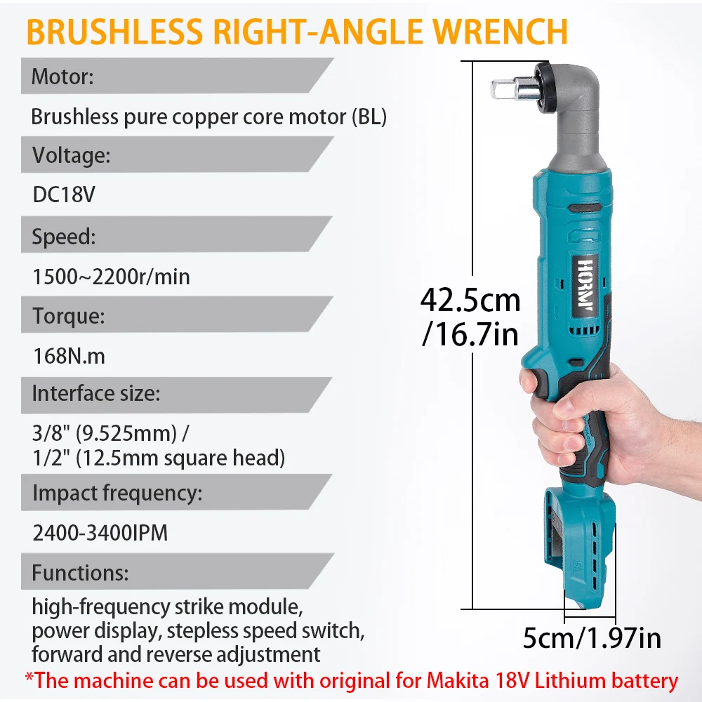 Hormy 18V Brushless Ratchet Wrench168N. m Cordless Right Angle Wrench 3/8 \