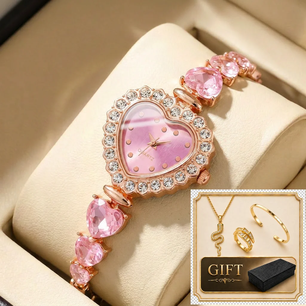 4pcs gift box set Women's pink dial alloy strap fashion heart jewelry details Quartz Watch Gift Box Set for party holiday
