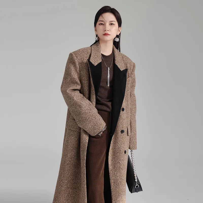 Maillard Woolen Jackets Winter Contrast Color Thickened Suit Long Coat Splicing Over-the-Knee Padded Coffee Buttons Loose Blends