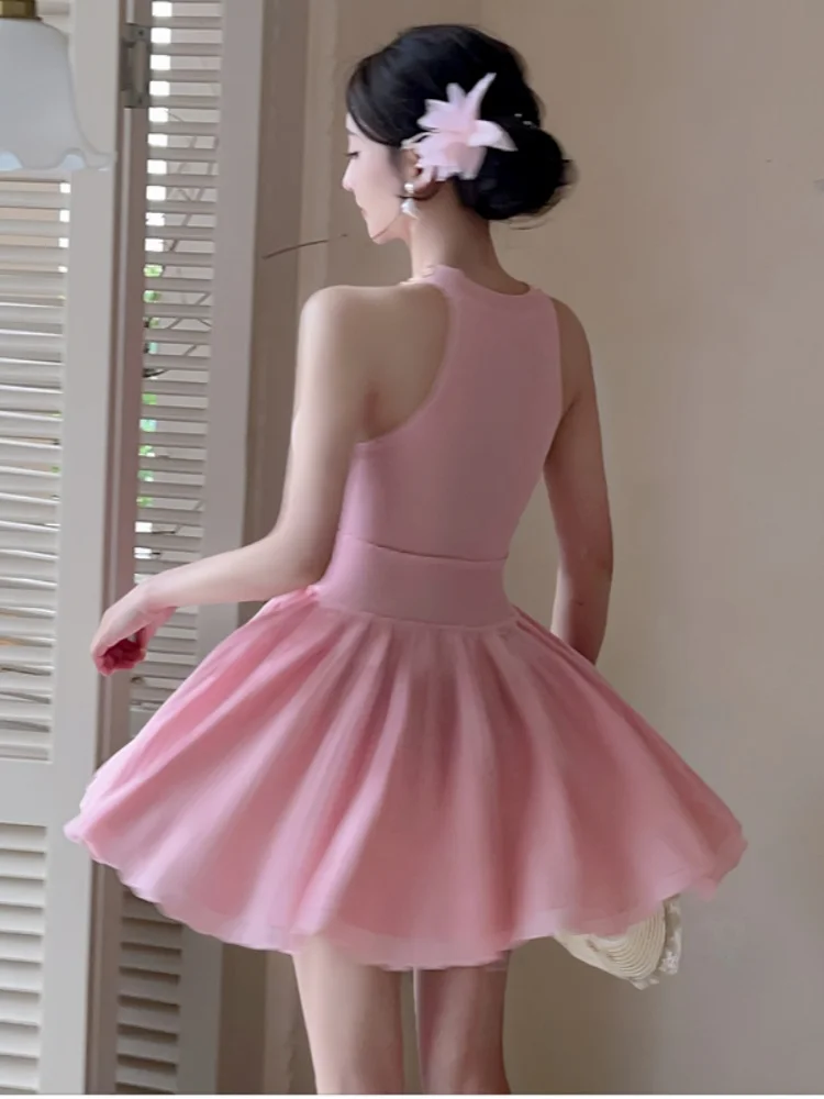 SMTHMA 작은 향기 스타일 라이트 럭셔리 비드 교수형 목 니트 드레스 여성을위한 하이 엔드 슬리밍 민소매 여름 드레스