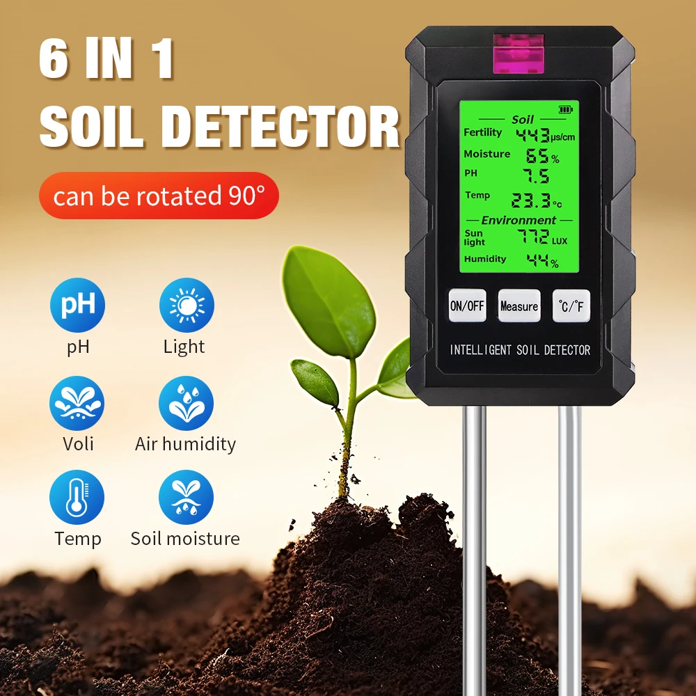 

6 in 1 Soil PH Meter Nutrient Fertility Soil Moisture Sunlight Ambient Humidity Temp Tester Detector Garden Soli Analyzer