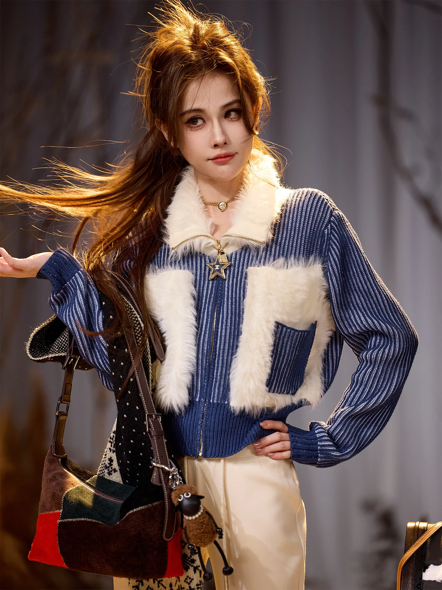 

TUNT Осенне-зимний свитер с воротником и вставками, из мягкой хлопковой смеси, с длинными рукавами, повседневный, средней толщины, вязаный