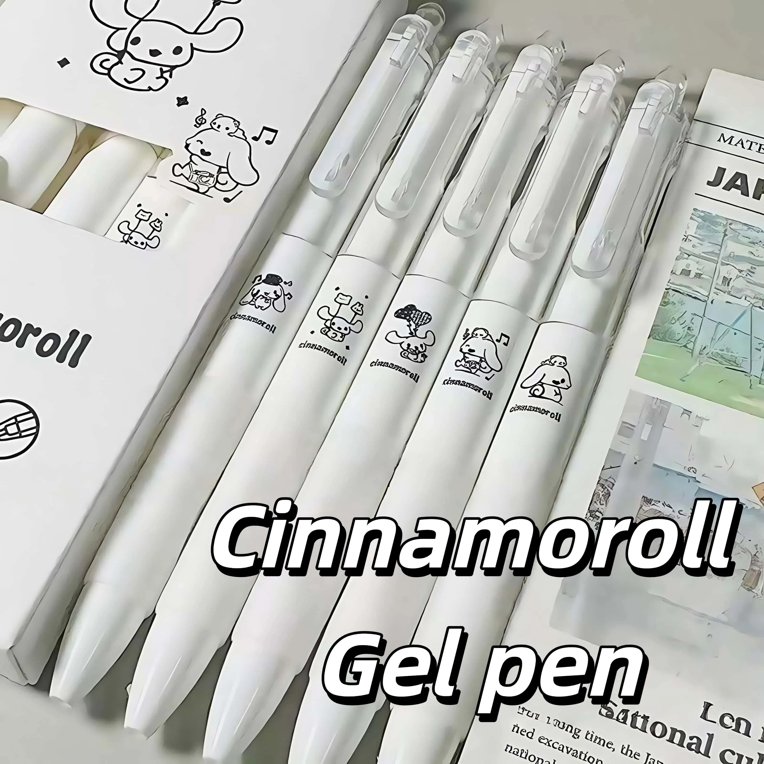かわいいシナモロールゲルペン5本、0.5mmクリック式格納式、かわいい漫画デザイン、学校やオフィス用の速乾性と滑らかな書き心地