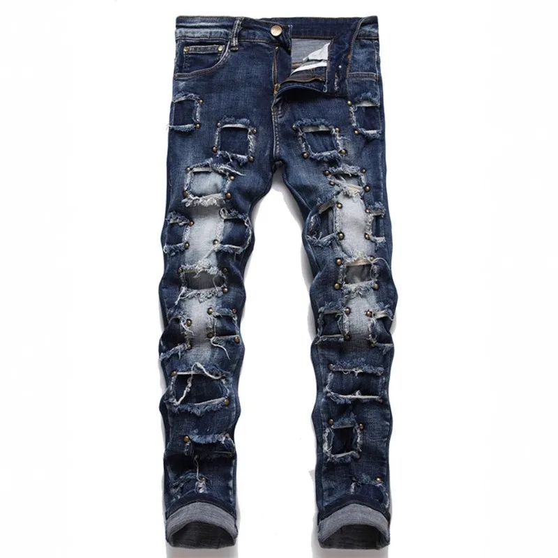 

Men's Jeans Punk Hip Hop Rivet Comfortable Patchwork Beggar Stretch Washed Denim Street Fashion Casual Jeans Pants