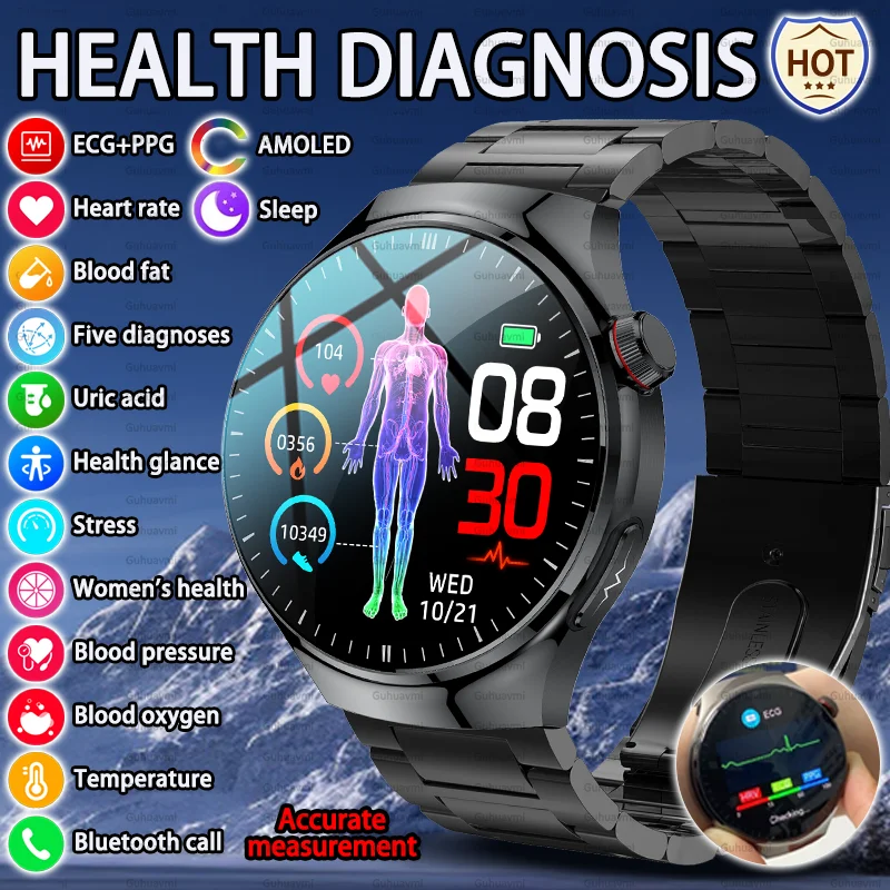 Uomini EGC Acido Urico Lipidi nel Sangue Diagnosi della Pressione Sanguigna Smart Watch Ossigeno nel Sangue Frequenza Cardiaca Monitor della Temperatura Donne Salute SmartWatch