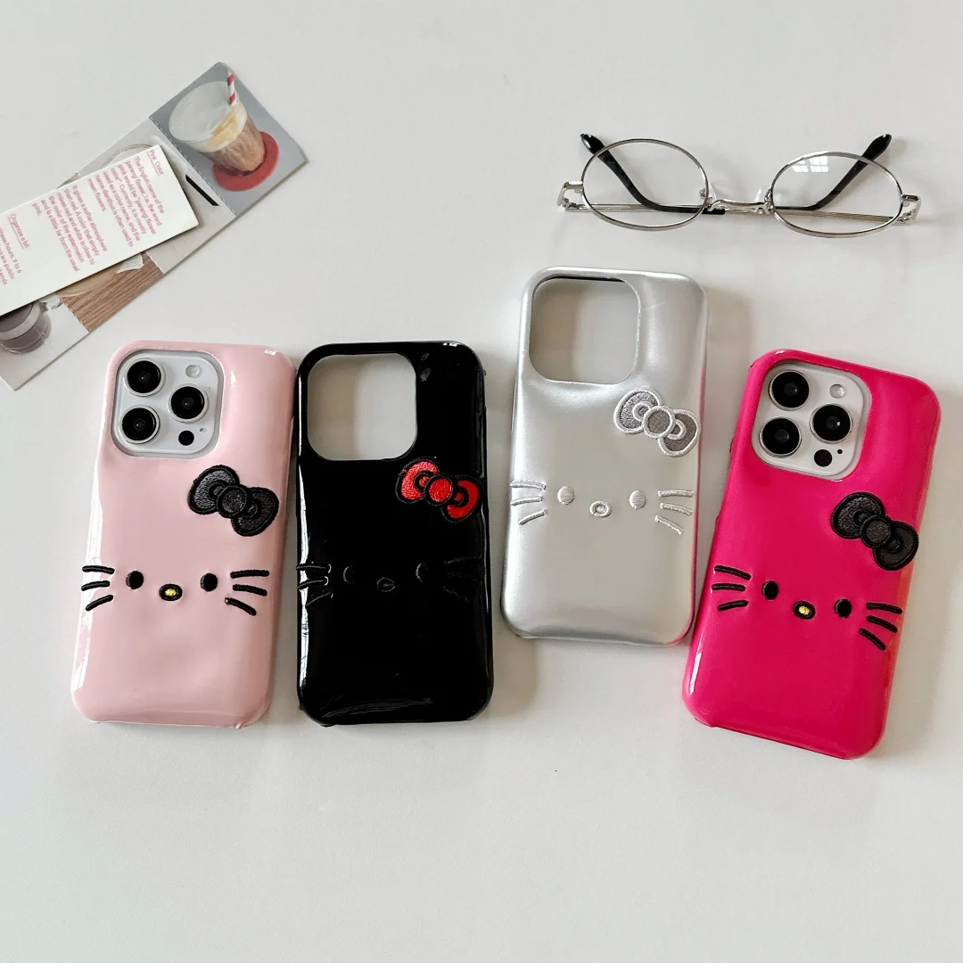 

Beard Cats Face Embroidery Lovely Phone Case For iPhone 16 15 14 13 12 Pro Max luxury Leather Glossy Bread jacket Cover