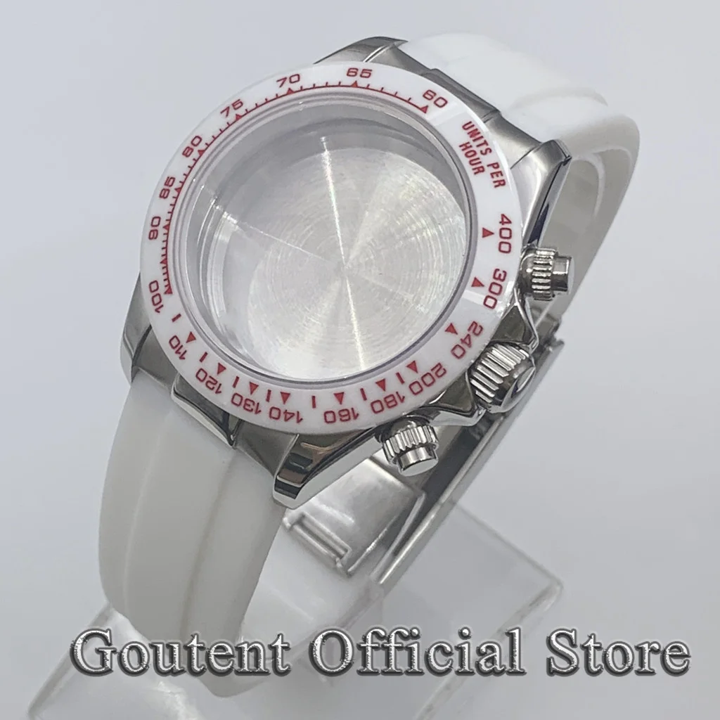 Goutent 40mm Silver Sapphire Crystal Quartz Watch Case White Rubber Strap Fit VK63 Movement Watch Accessories