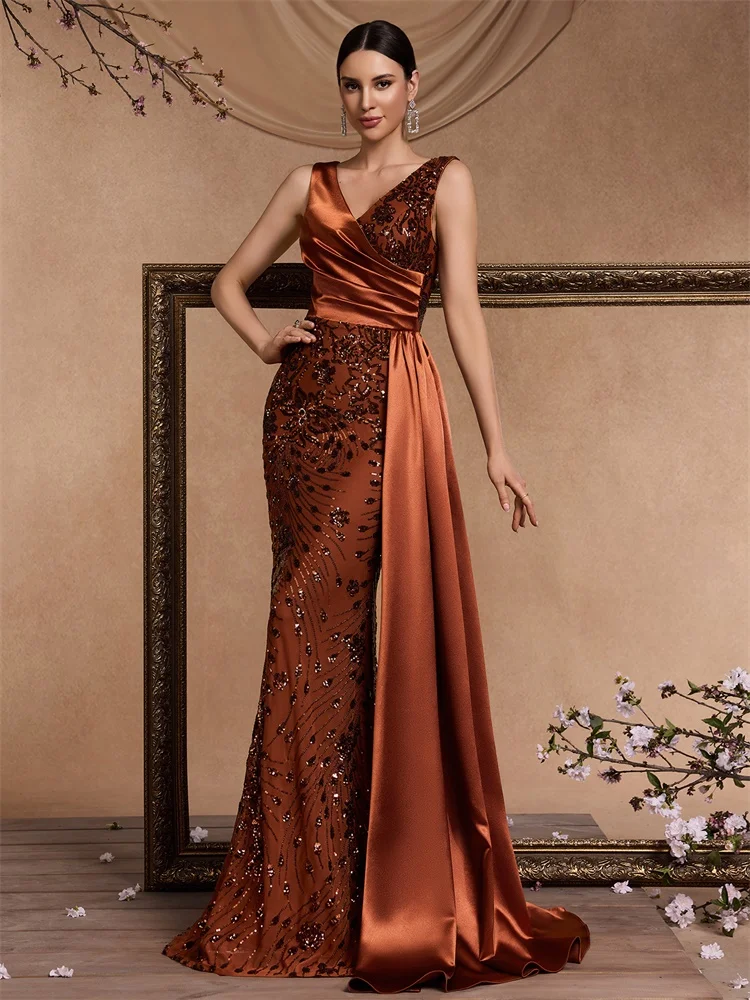 Elegant V-neck Splice Ribbons Sequins Evening Dresses Woman Sleeveless Mermaid Formal Luxury Wedding Party Prom image 4