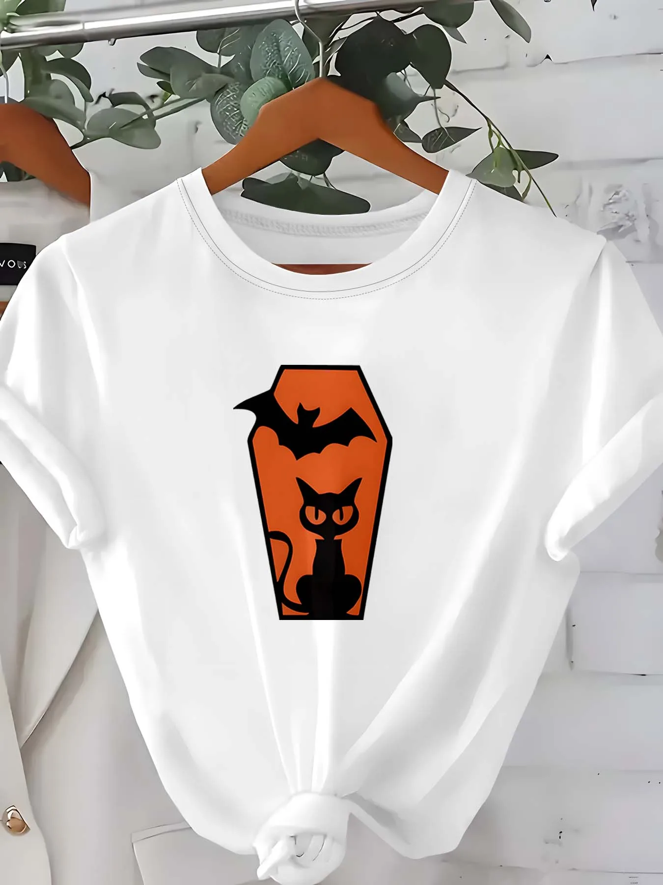 Plus Size Halloween Themed Attire With Coffin Silhouette Black Cat And Bat Motifs For Spooky Chic Vibes