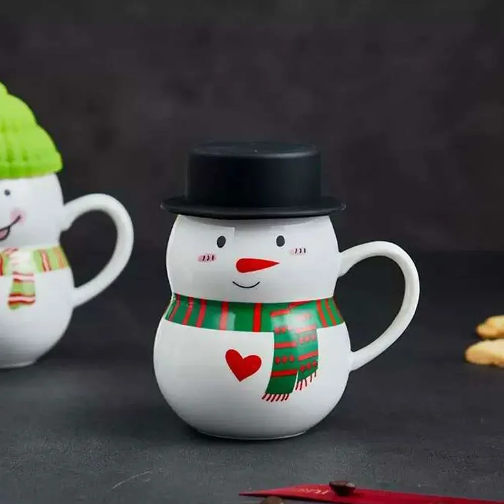 Christmas And New Year Ceramic Snowman Mug Creative Cartoon Household Coffee Milk Tea Cute Gift With Lid Tableware Multicolor