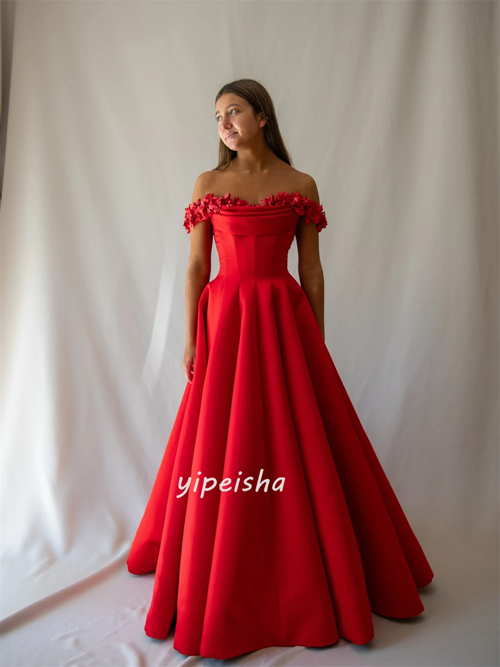 Customized Fashion Classic Jersey Handmade Flower Pleat A-line Off-the-shoulder Long Dresses Bespoke Occasion Dresses Formal