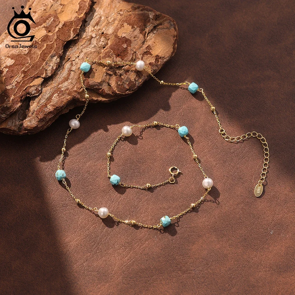 

ORSA JEWELS S925 Silver Natural Turquoise Necklace with Freshwater Pearl Exquisite Daily Chic for Women Gemstone Jewelry MPN12