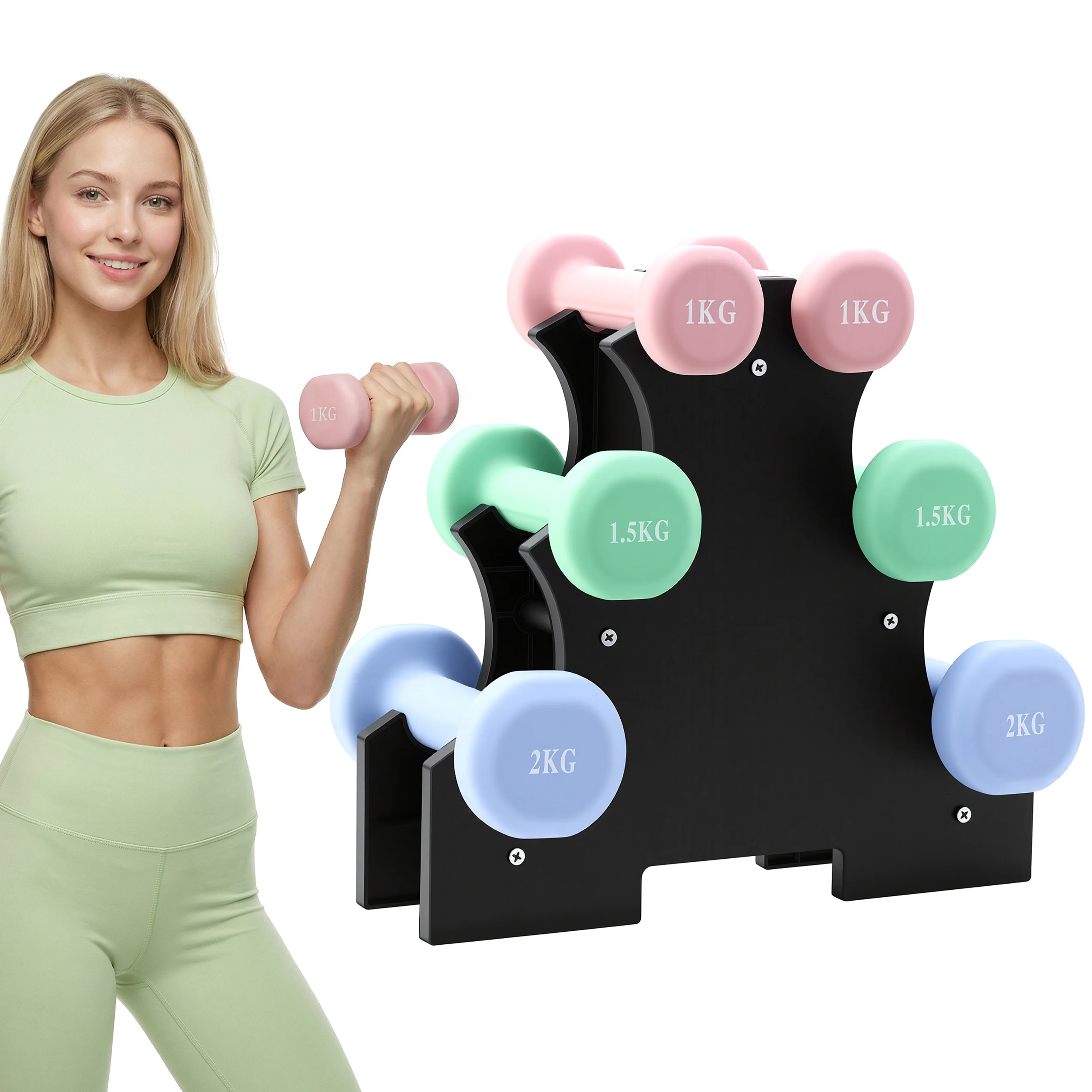 Neoprene Dumbbells Set with Stand, Hand Weights for Women Men Arm Pilates Set, 9/12KG, Neoprene Matte Finish for Home Workout