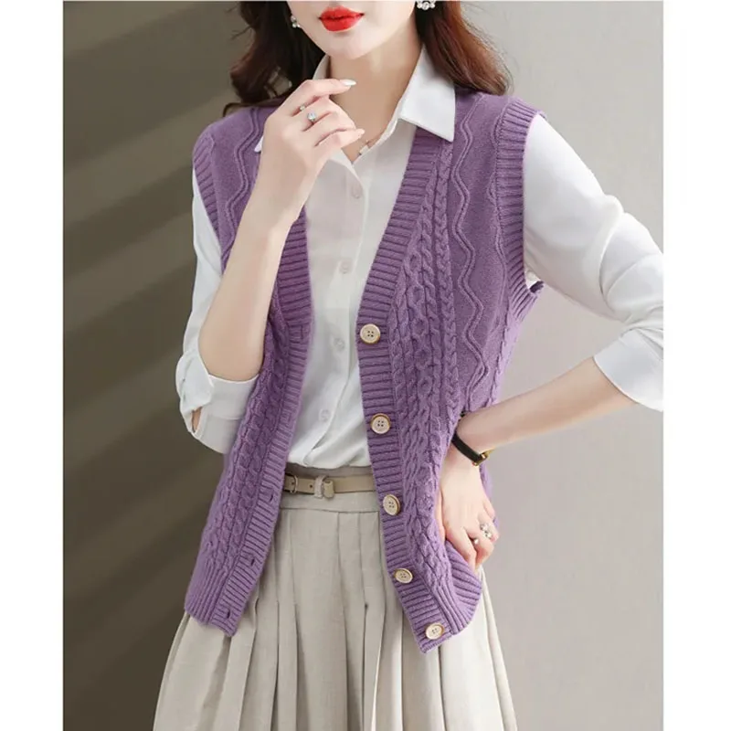 Spring Autumn Sweater Vest Women Solid Color V-Neck Knitted Sleeveless Jacket Female Casual Button Vests Cardigan Waistcoat Coat