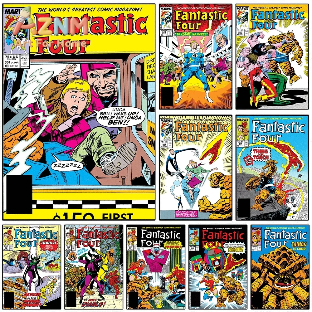 AZNM Fantastic Four Unca Ben Wake Up Vintage Comic Cover Collage Canvas Wall Art Unframed Print, Superhero Poster for Bedroom