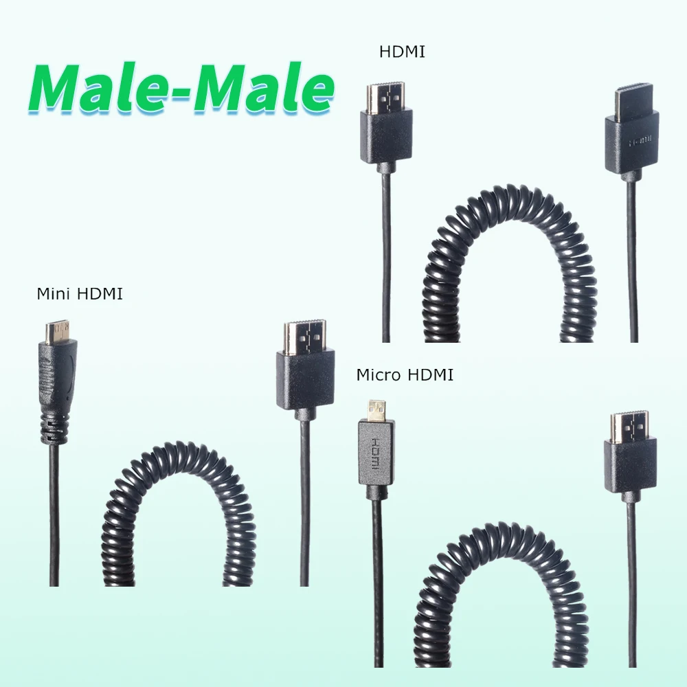 Micro HDMI to HDMI to Mini HDMI Ultra thin 4k@60hz Portable short thin hdmi2.0 coiled stretch Spring Curl Flexible Cable