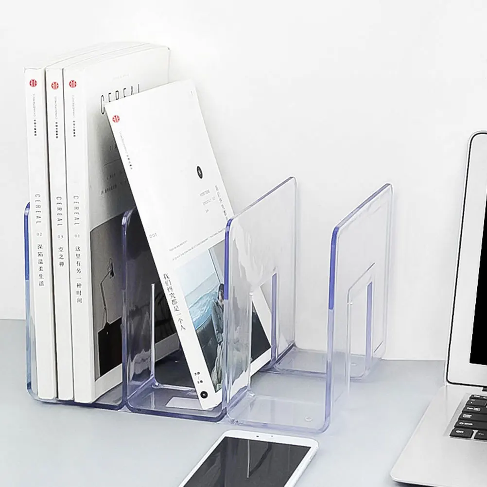 

3 Grid Transparent Acrylic Bookends Clear Bookshelf Elegant Book Stand for Office School Desktop Storage Rack Book Ends