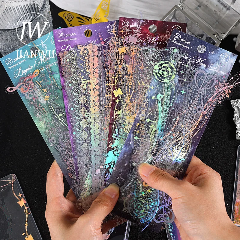 JIANWU 30 Sheets Night Fantasy Series Strip Lace Butterfly Laser Goo Card Sticker Creative DIY Journal Collage Decor Stationery