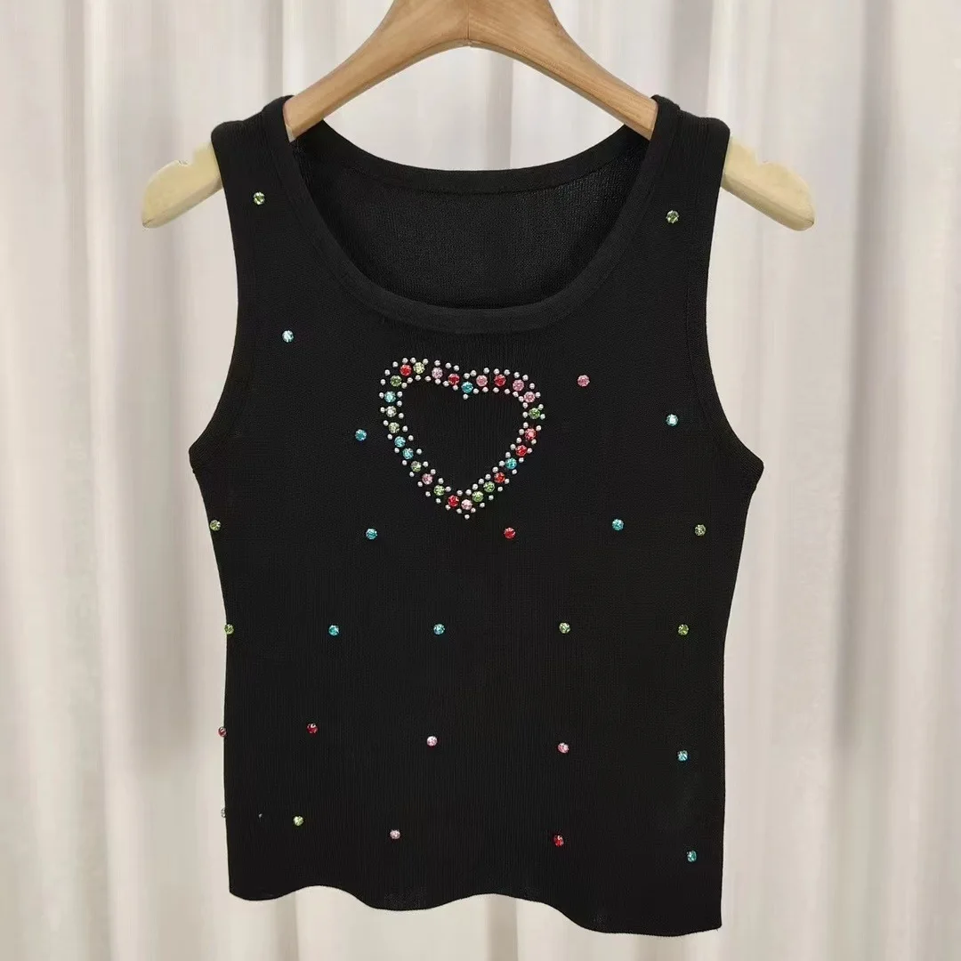 Женские корейские вязаные жилеты с круглым воротником, однотонная майка, винтажные летние новые модные женские повседневные тонкие топы без рукавов с бисером D605