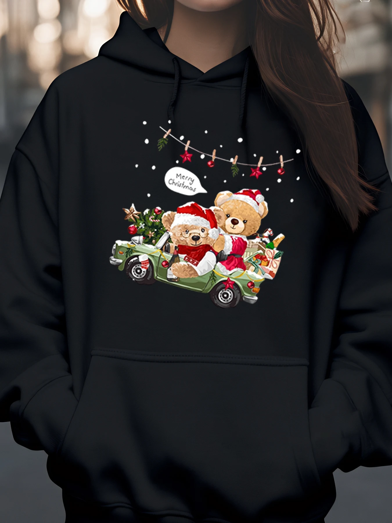 

Рождественские плюшевые мишки в автомобиле, толстовка с принтом, праздничная повседневная одежда для женщин и мужчин
