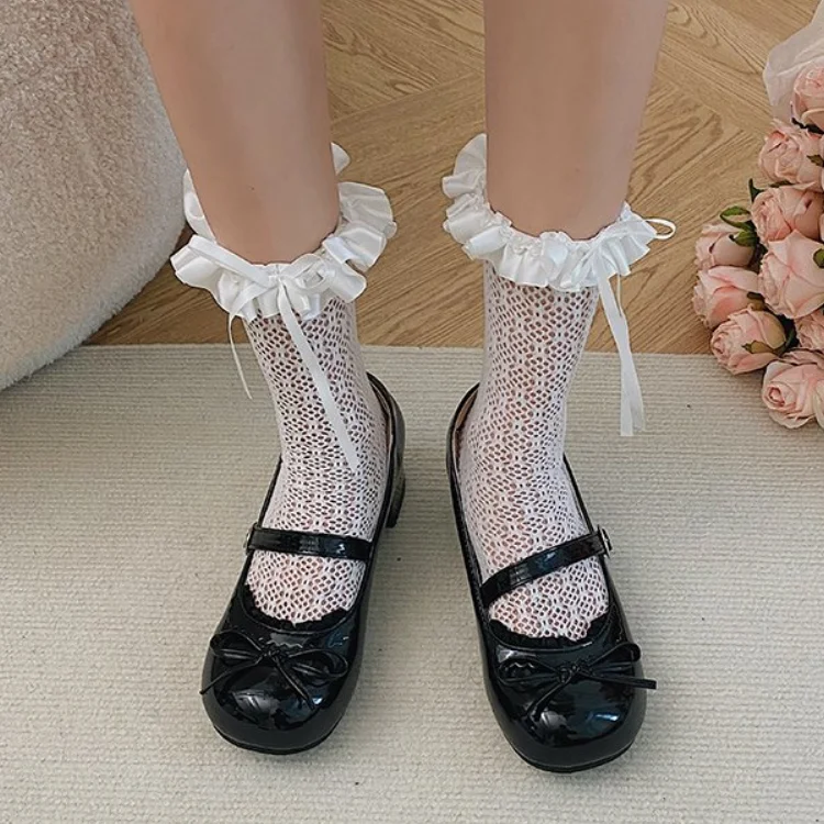 Japanese Cosplay Lolita Sweet High Heels Kawaii Lolita Princess Victoria Bow Round Head Bow Pu Mid Heels Shoes for Women 2023