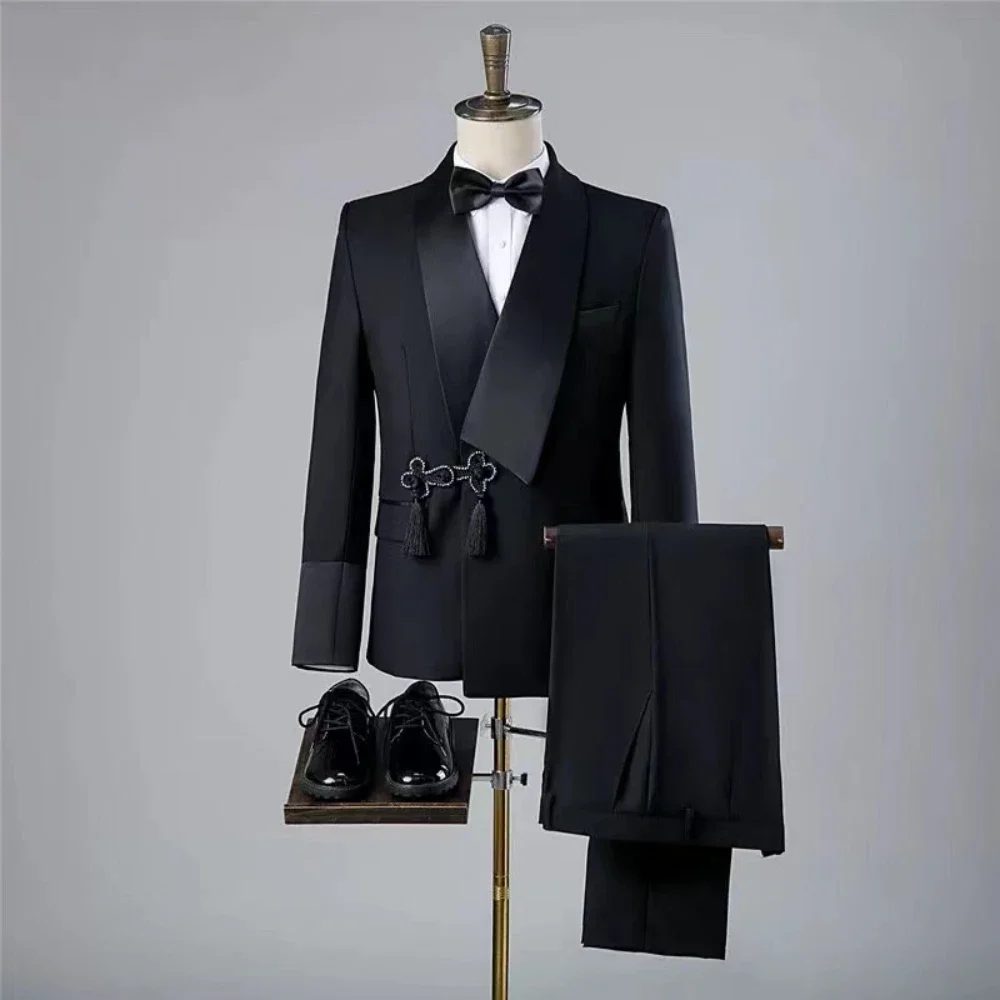 

High-end Solid Men Suits 2 Piece Slim Fit Chic Shawl Lapel Fringed Button Tuxedo Formal Party Wedding Male Suit (Jacket+Pants)