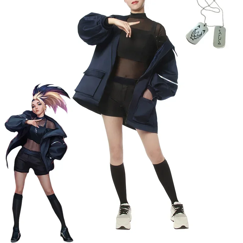 Il più distante KDA AKALI Cosplay LOL Costume sexy Giacca Collana Parrucca Scarpe per le donne Halloween Completo MN3