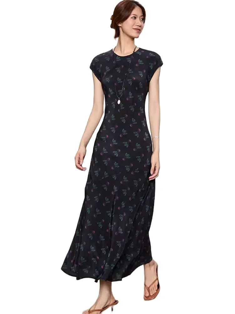 100% Heavy Silk Dresses 2024 Women Bias-Cut Slim-Fitting New Dress Summer Elegant Women Clothing Mulberry Silk Print Black Dress