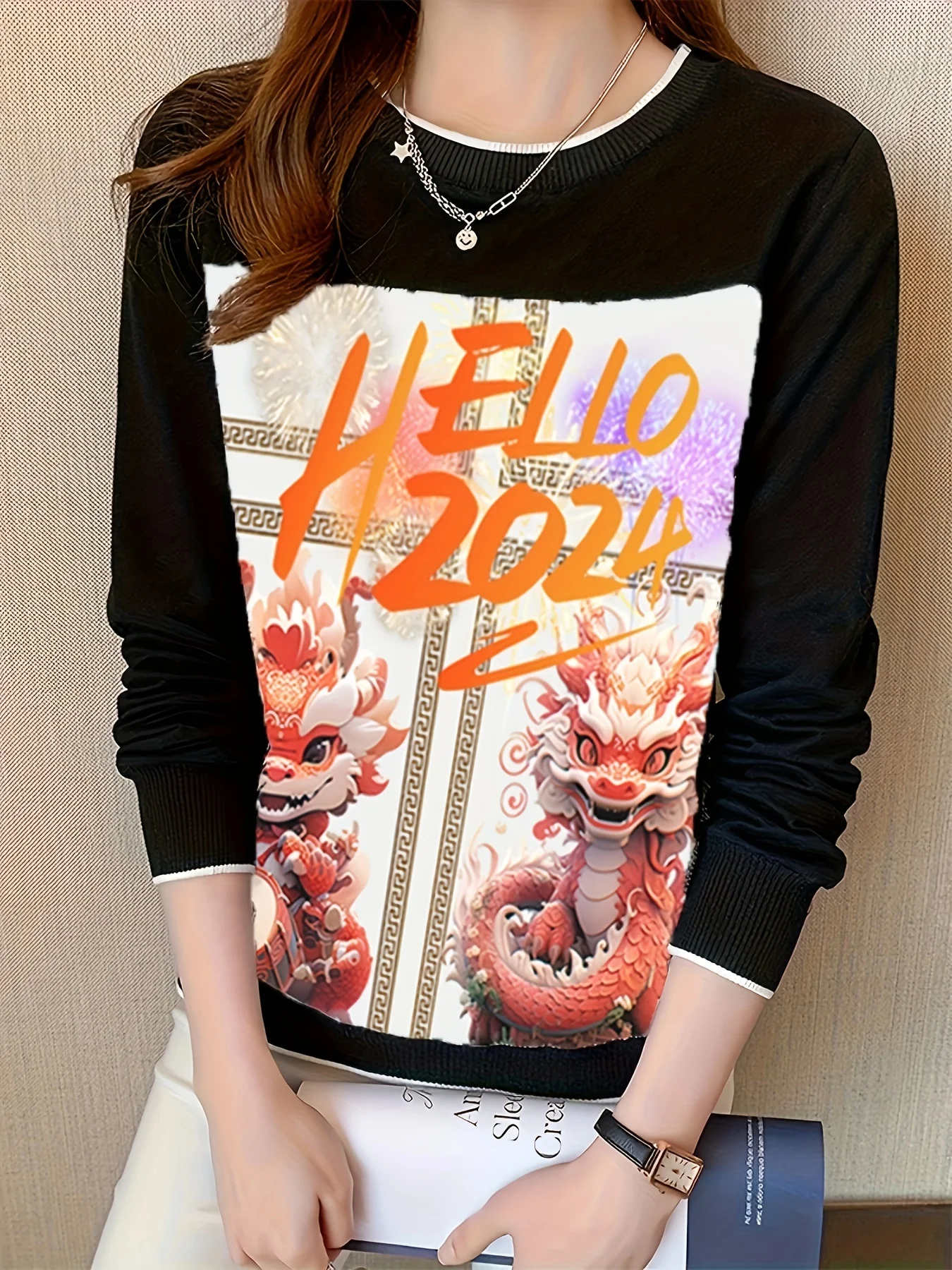 Camisetas de fondo de Dargon para mujer, sudadera de manga larga, camisetas informales a la moda, camiseta estampada para mujer, 2024