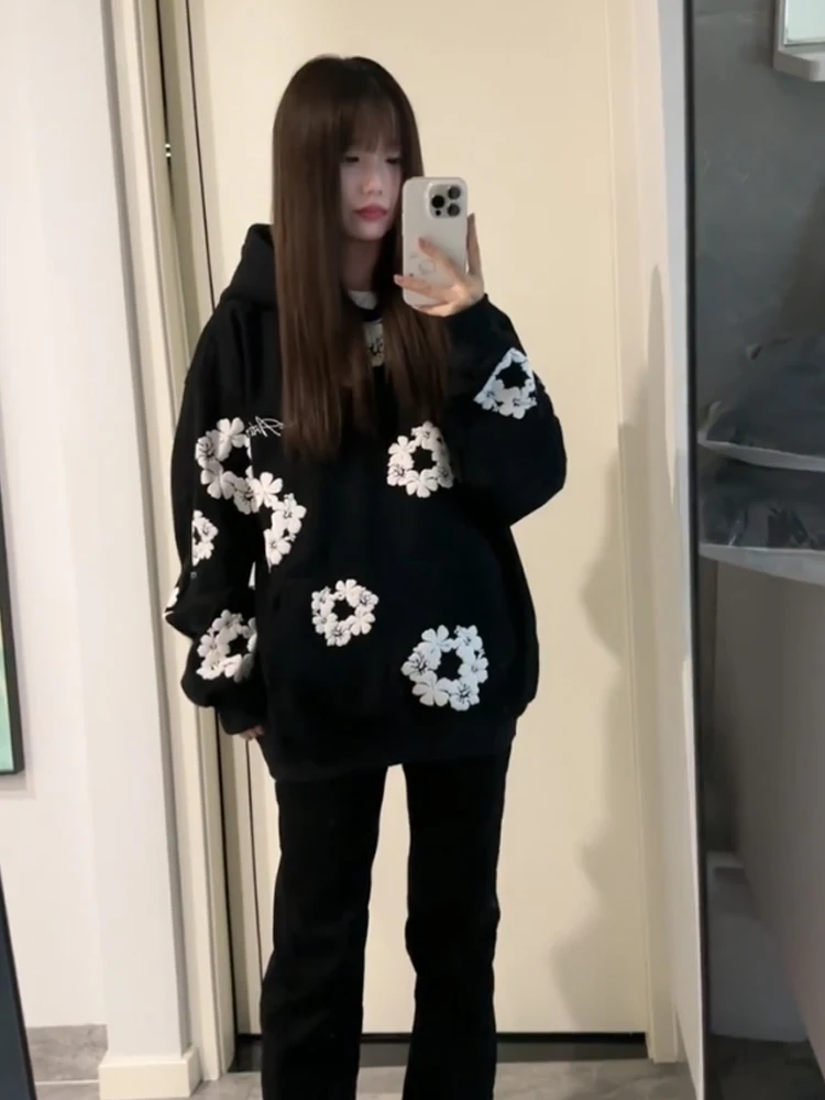 Moletom feminino solto com capuz floral fong estampa casual rua sle casaco outono inverno design sentido casal preguiçoso sle jaet