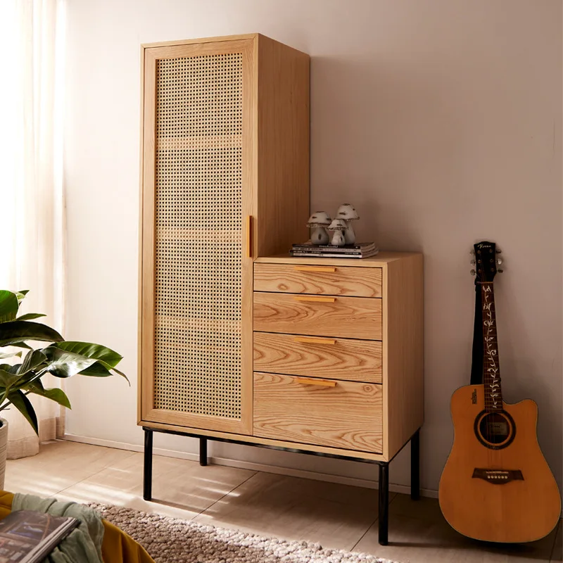 Hotel rattan wood wardrobe Modern simple white wax wood side hung door lockers Nordic home stay Sliding door closets