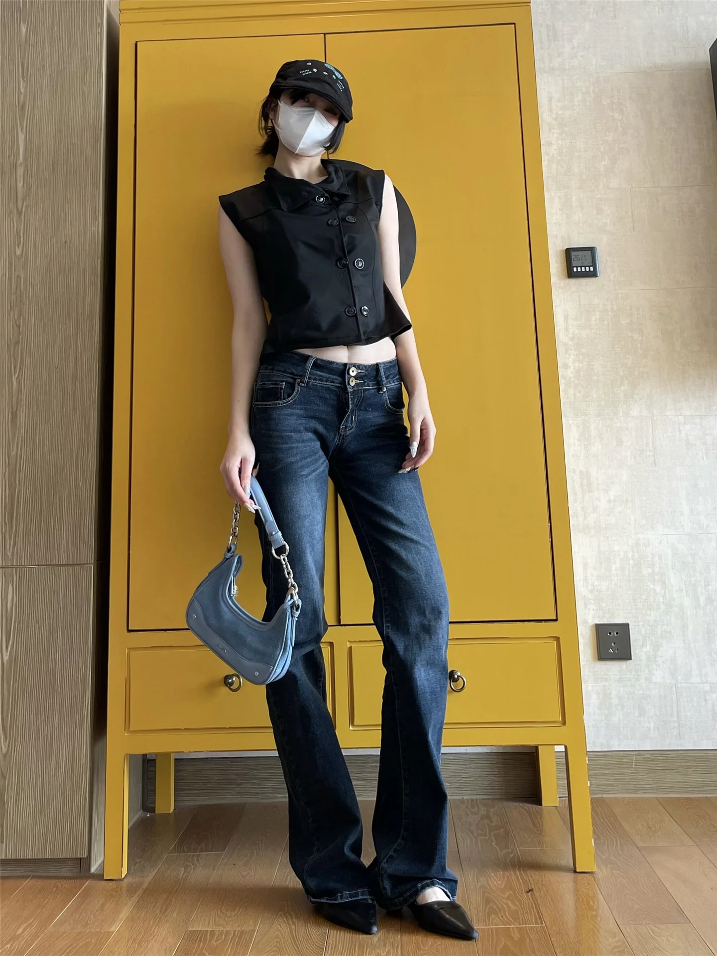 

Американские ретро-джинсы-клеш темно-синего цвета с низкой талией для женщин, весенне-летние, облегающие, длинные в пол, повседневный стиль