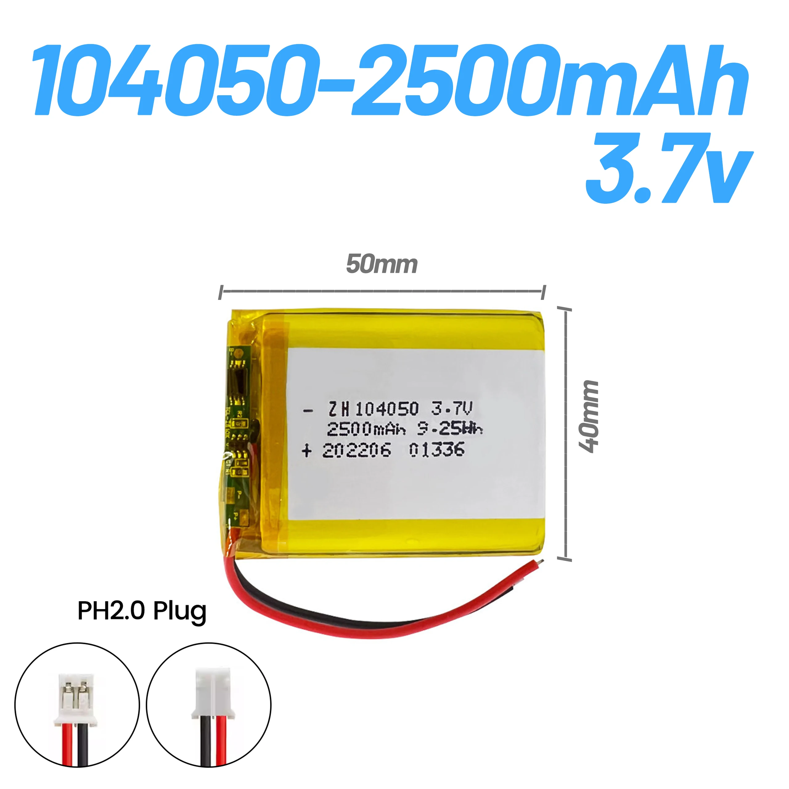 3.7V 104050 2500mAh polymer lithium battery with protection board Ph2.0 Plug/XH2.54 Plug for Bluetooth speaker GPS remote contro