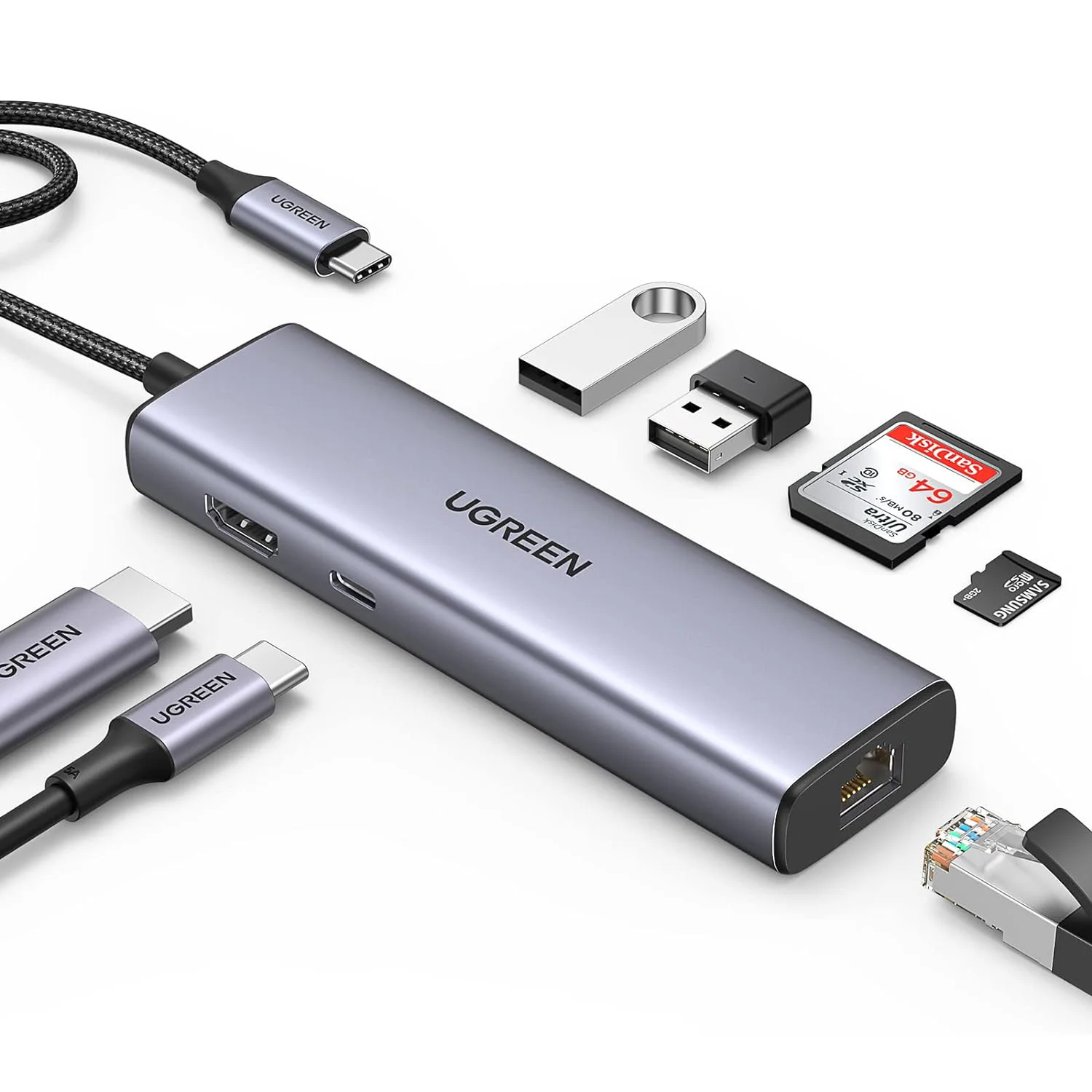 UGREEN 7-in-1 USB C Hub 4K-HDMI Multiport Adapter With 1Gbps Ethernet, 100W PD, 2 USB 3.0, SD/TF Card Reader, USB C Dongle