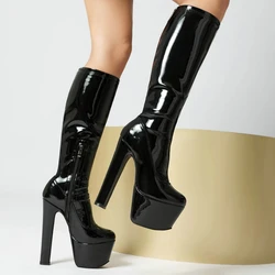 Black Red Women Knee High Boots Platform Square High Heel Ladies Calf Boots PU Leather Round Toe Side Zipper Sexy Women Boots