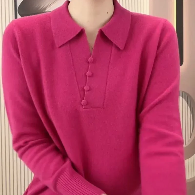 

Chinese Fashion Polo Collar Loose Cashmere Pullover Women Autumn New Soft Buttons Warm Wool Sweater Long Sleeve Female Clothes