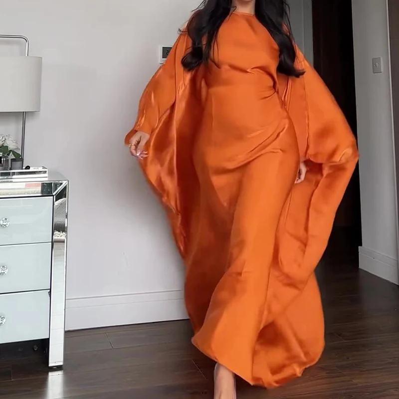 バットウィングスリーブの女性用ロングドレス,単色,ハイウエスト,十分なイブニングドレス,エレガントなラウンドネック,サテンドレス,ファッショナブル