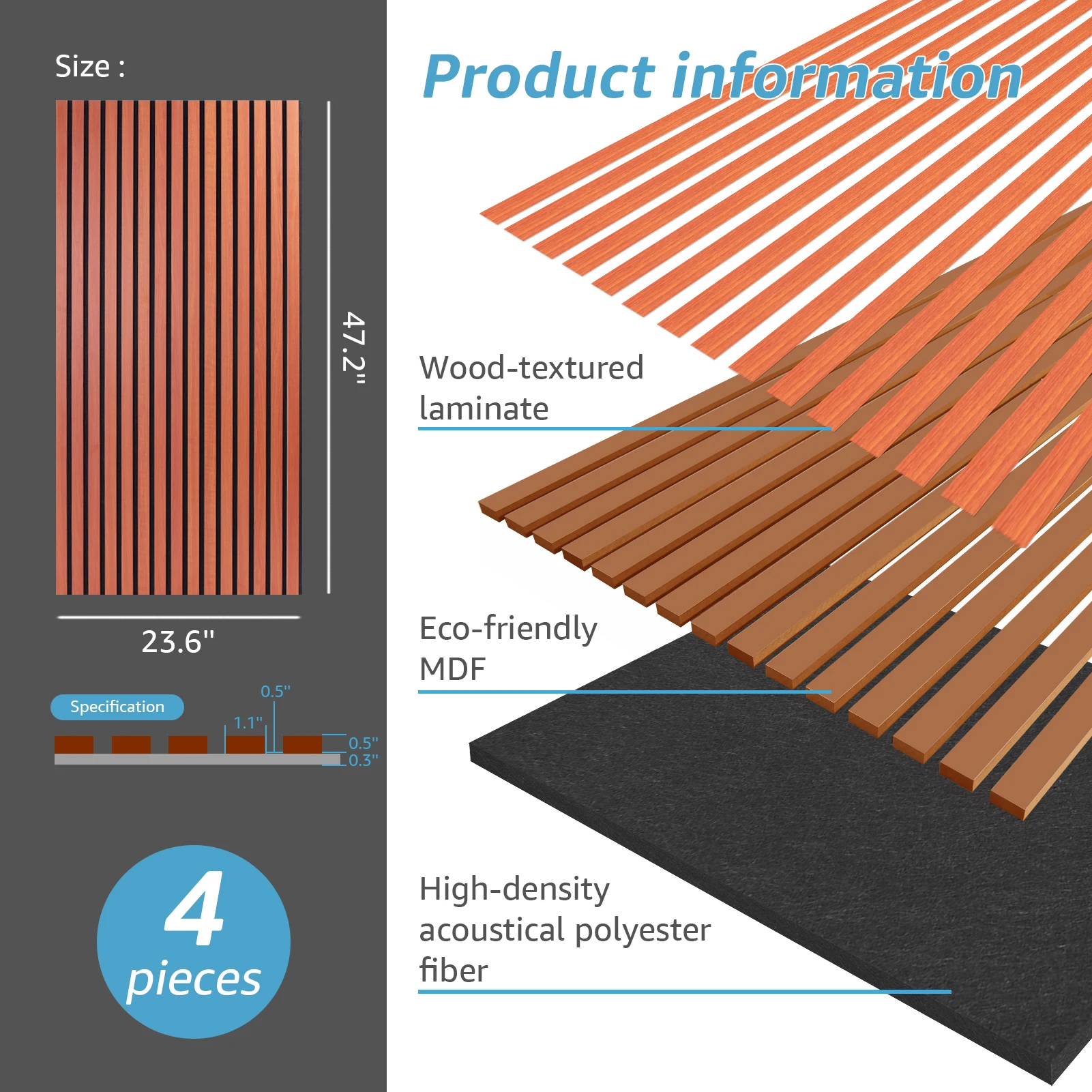 Art3d Akustikplatten mit 4 Holzlatten für Wand und Decke – 3D-gecannelte schallabsorbierende Platte mit Holzoberfläche