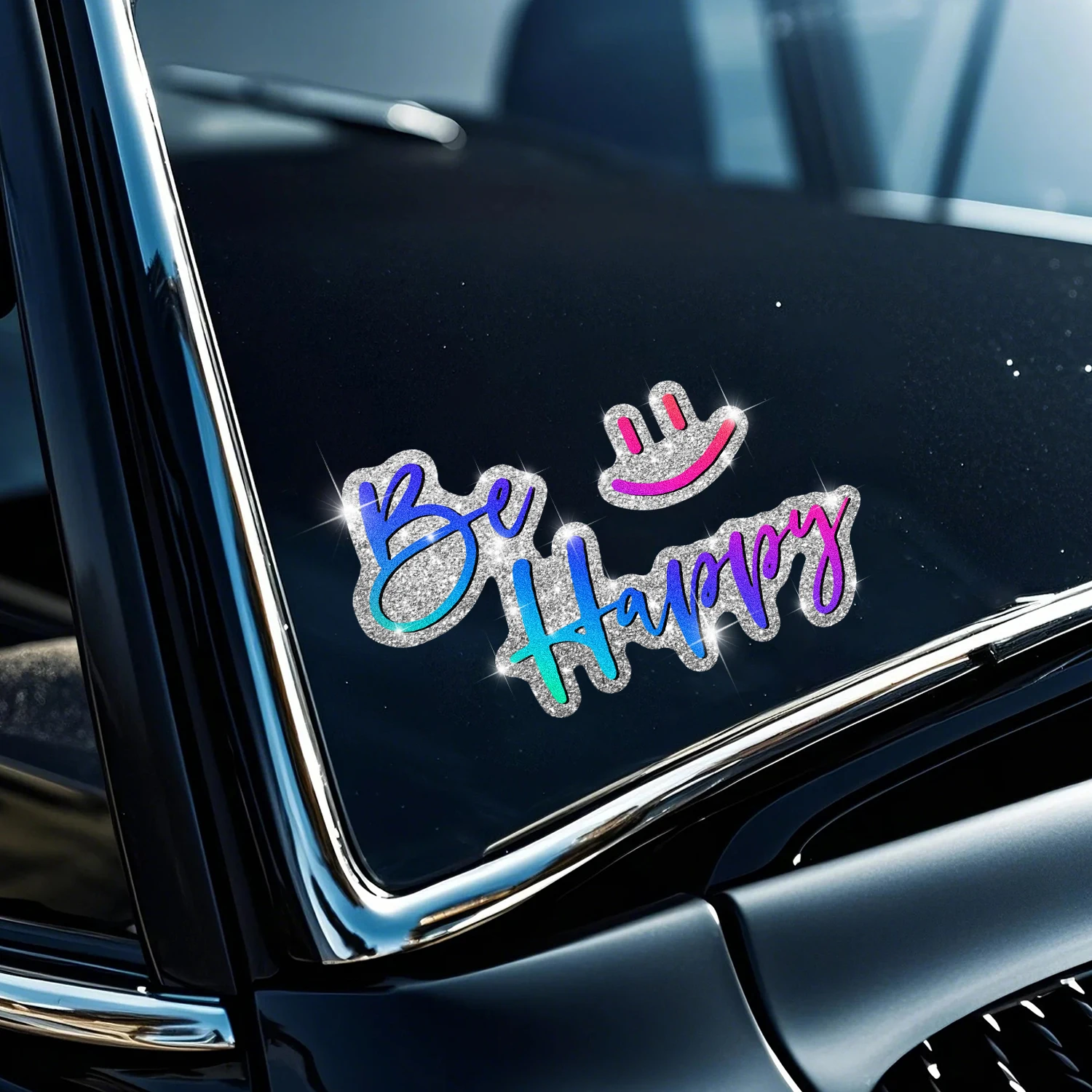 1 ملصق سيارة متألق بي سعيد مع تعبيرات لطيفة ومرحة، فينيل ذاتي اللصق، سهل التركيب، مناسب للسيارات والشاحنات #1