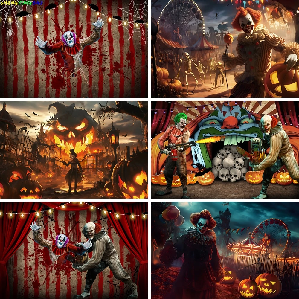 

Scary Amusement Park Clown Magician Photography Background Giant Pumpkin Playground Carousel Backdrop Halloween Party Decoration