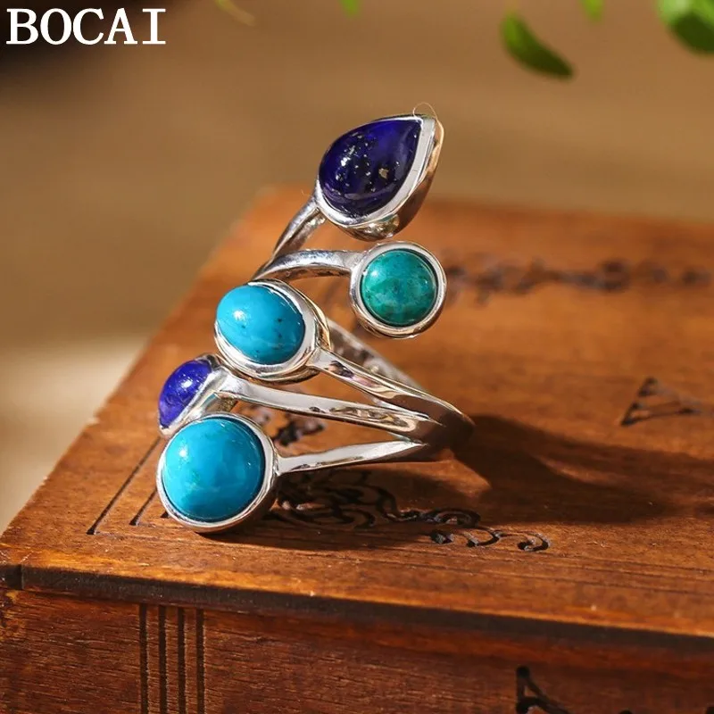 Anillos de Plata de Ley S925 BOCAI para Mujer, Nuevos Anillos de Moda con Crisocola Natural y Lapislázuli, Ajustables, de Plata Pura, Joyería Hecha a Mano