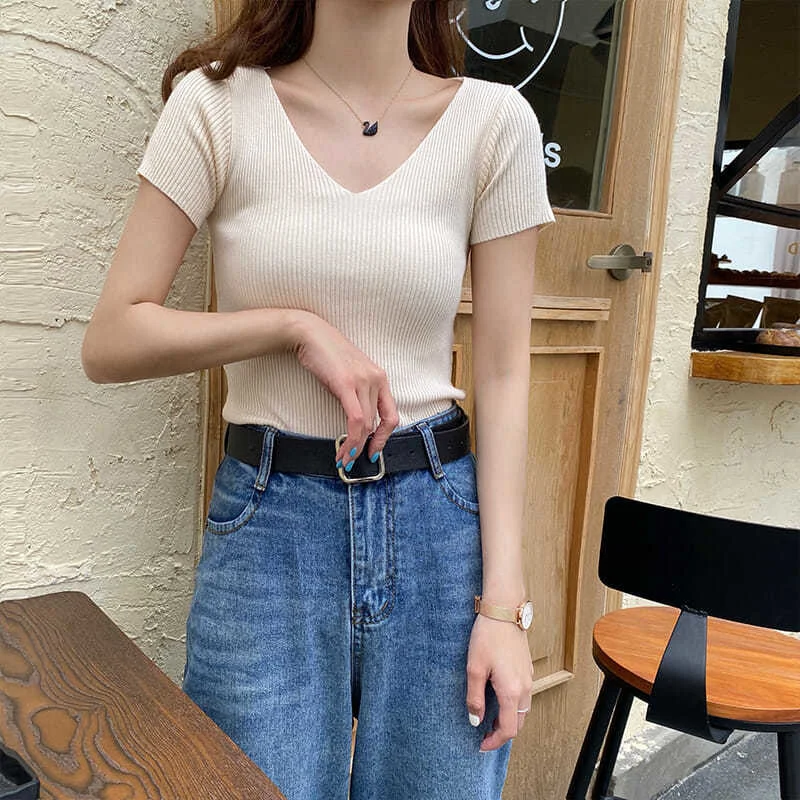 New Summer Women T Shirt Sexy scollo a V femminile Slim maniche corte Top lavorato a maglia a coste femminile TShirt Pullover Top morbido femminile