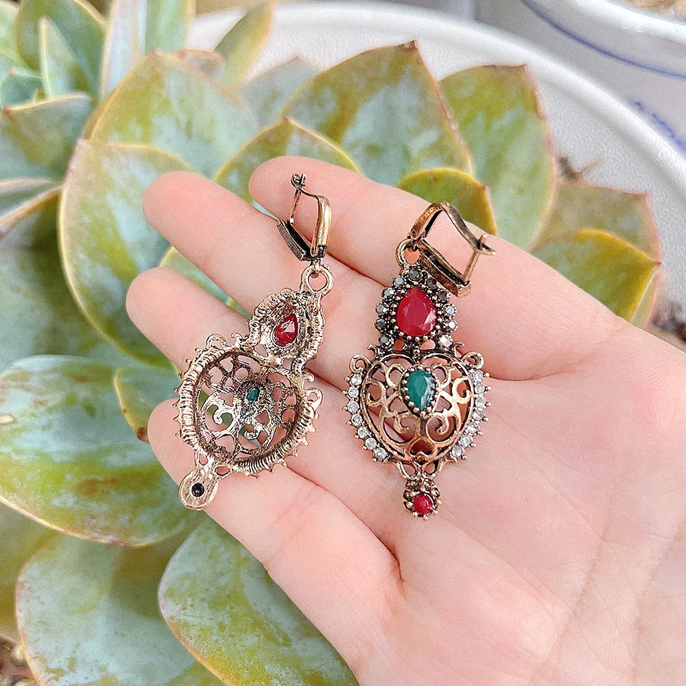 Sunspicems Vintage Turkish Flower Drop Earring For Women Antique Gold Color Bohemia Bride Wedding Jewelry Indian Hook Earring