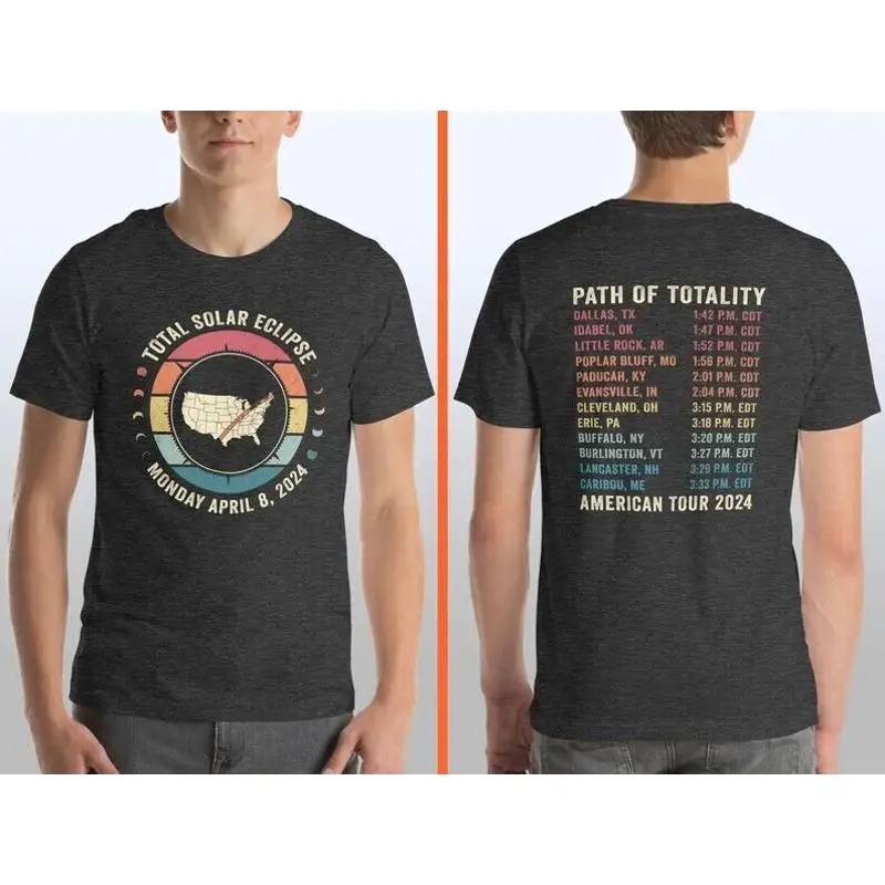 

Двусторонняя футболка Total Solar Eclipse, карта США, американский тур 2024, города S