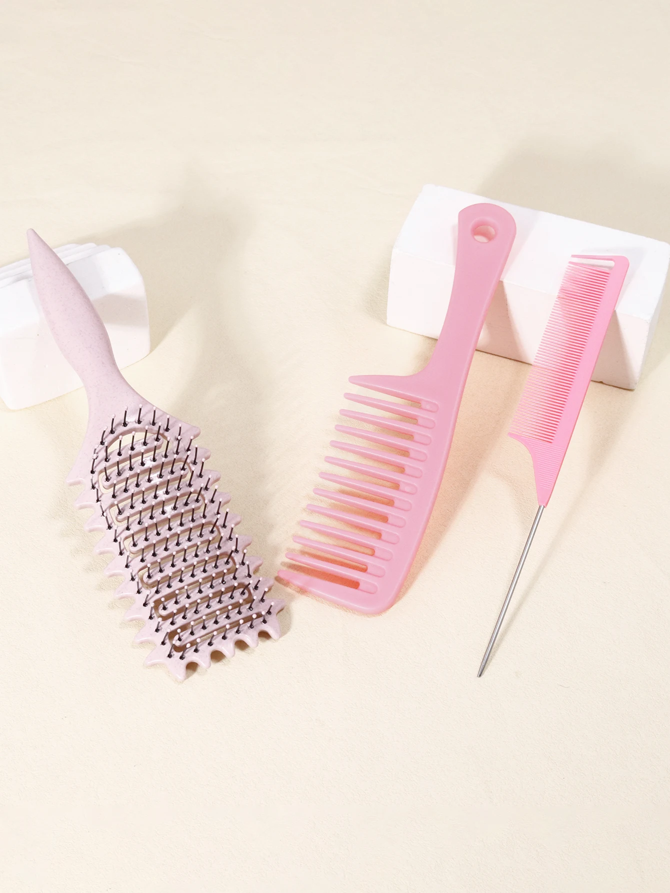 3-teiliges Haarkamm-Set, Stylingbürste für lockiges Haar, Kamm mit spitzer Spitze, Kamm mit breiten Zinken, speziell für Echthaarperücken – Detail 6