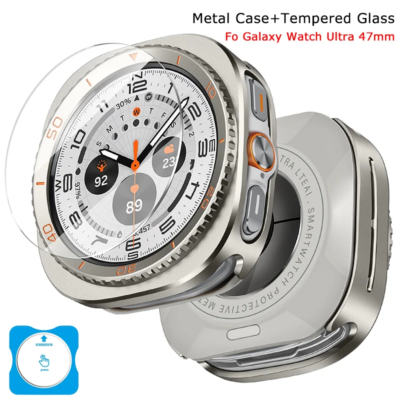 Metal Case+Tempered Glass Film for Samsung Galaxy Watch Ultra 47mm HD Screen Protector for Galaxy Watch Ultra Rugged Frame Cover
