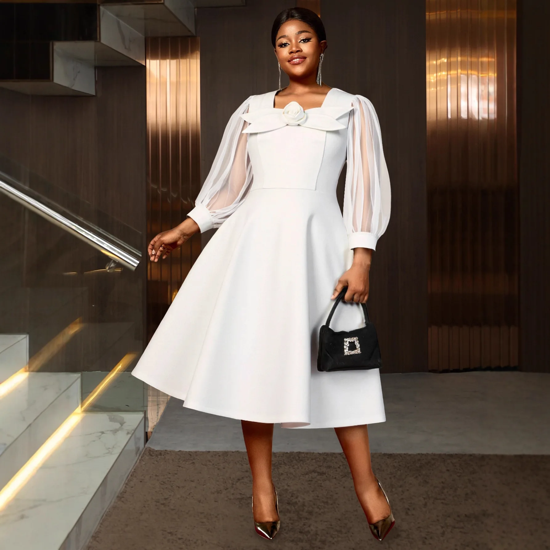 

Белое платье А-силуэта с 3D цветочным узором, круглым вырезом, сетчатыми вставками и рукавами-фонариками для женщин больших размеров, вечернее платье в стиле Y2K