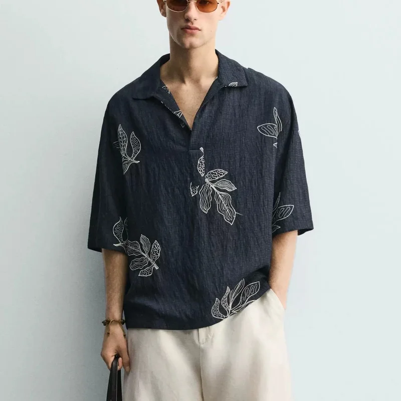 

Summer New Men's Loose Fit Printed Pleated Collar Short Sleeve Shirt Comfortable Breathable American Style Casual Shirt