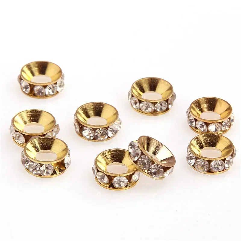 20pcs Metal Rondelle Rhinestone Crystal Spacer Beads 10mm Big Hole European Charms Fit DIY Bracelet Jewelry